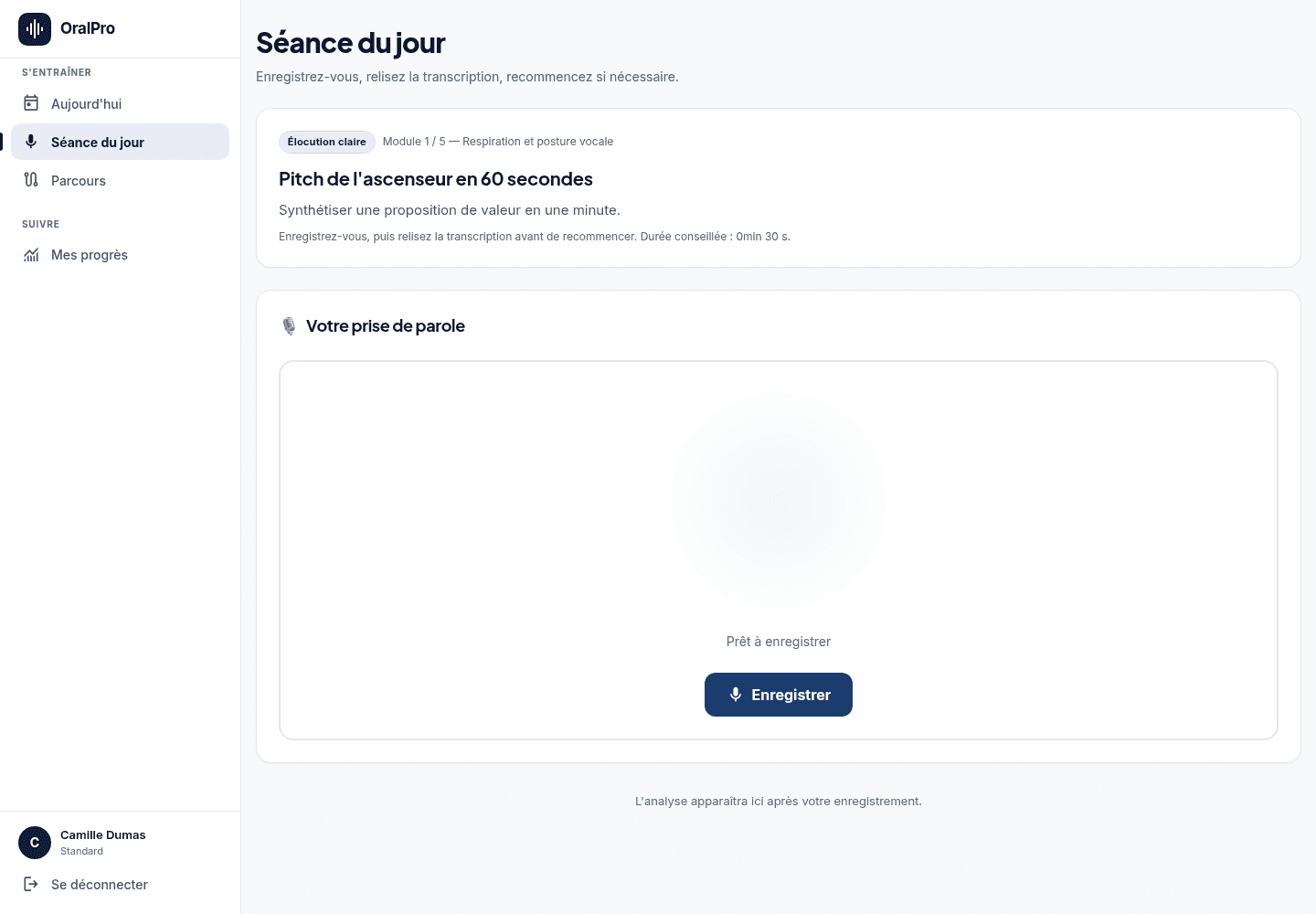 Écran de séance : consigne, enregistreur, puis score, métriques et conseils après analyse.
